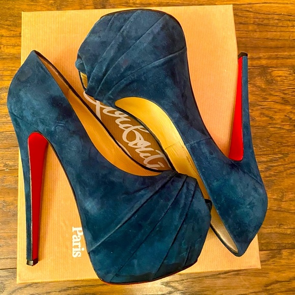 Christian Louboutin Drapesse 160 Suede Teal Peep Toe Heels